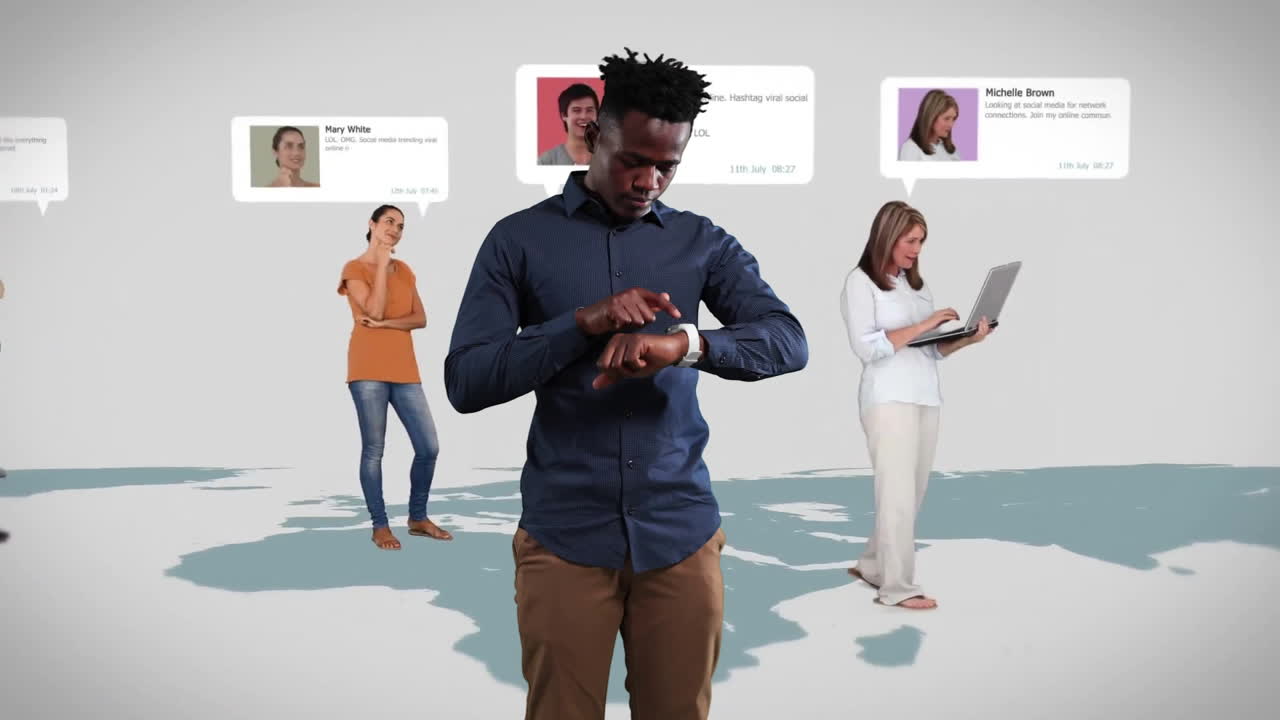 Animation of diverse people using devices with social media iterfaces on white background