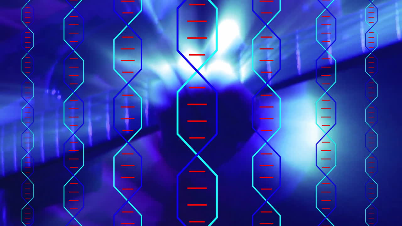 3D render showing DNA double helices floating across blurred purple-blue scene with red base pairs