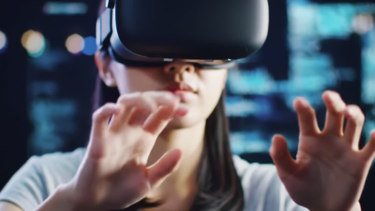 A person engages with virtual reality technology, using hand gestures to interact with a vibrant digital environment. This experience highlights the potential of immersive gaming and simulation.