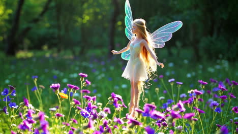 enchanting fairy in a field of purple flowers