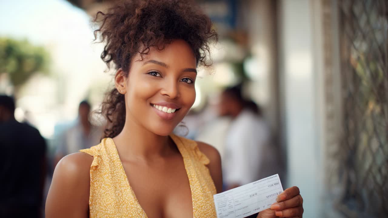 A radiant young woman in a bright yellow dress stands confidently outdoors, holding a check in her hand, showcasing a moment of joy and achievement against a bustling backdrop of people