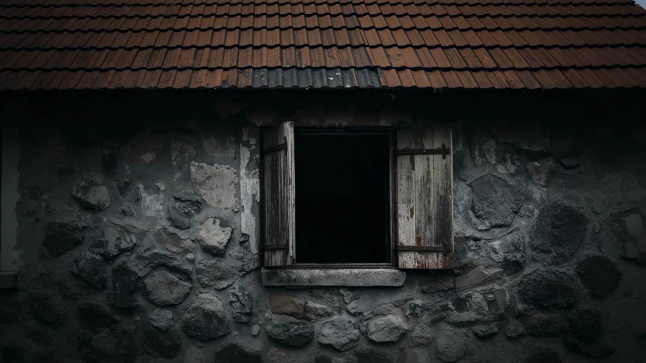 Holding camera fixed on stone cottage wall, capturing open wooden-framed window beneath clay roof