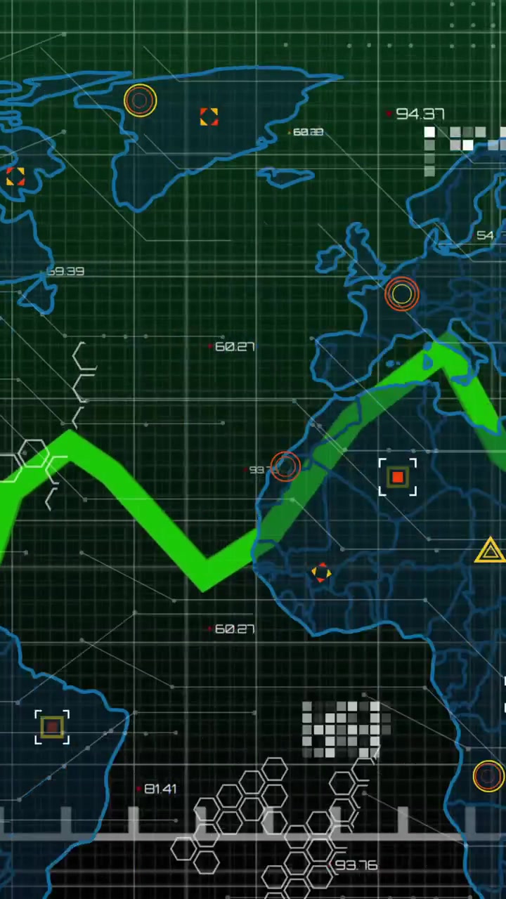 Animazione di grafico a linee verdi su mappa mondiale con punti dati e griglia