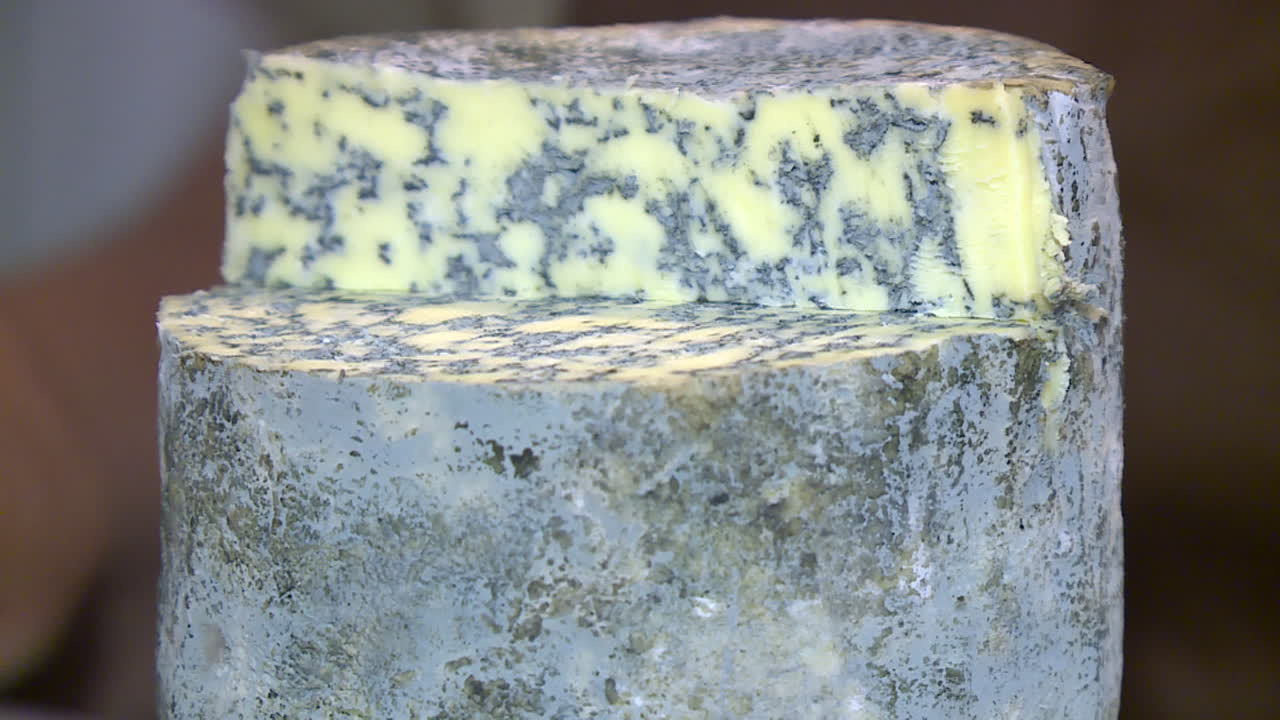 Close-up view of a wheel of blue cheese
