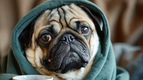 a pug dog wrapped up in a blanket with a cup of coffee