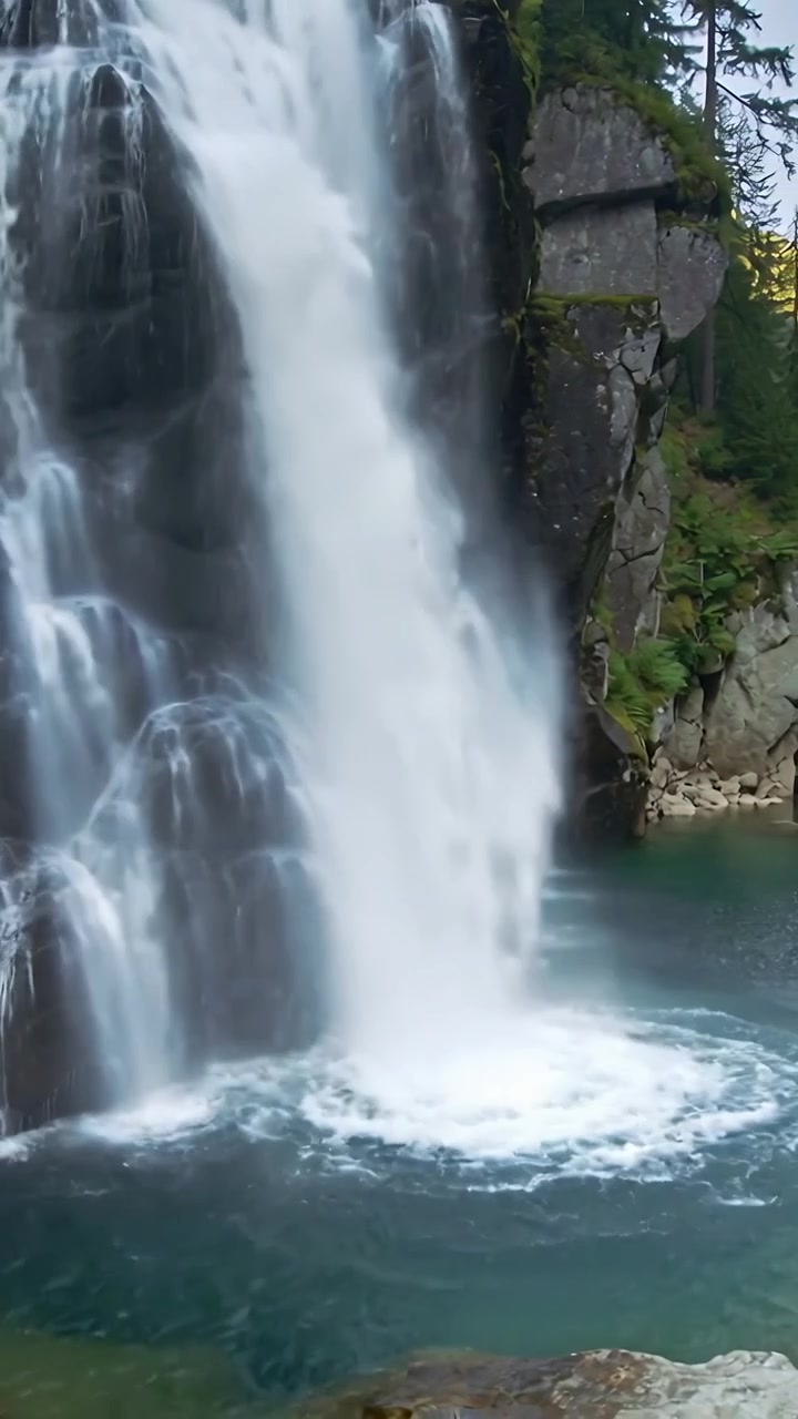 Video verticale: Grande cascata che si getta dalla scogliera, alimentata da un flusso a monte, formando una suggestiva pozza spumeggiante sottostante