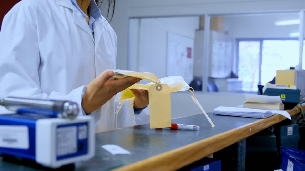 Laboratory technician holding plasma bags 4k
