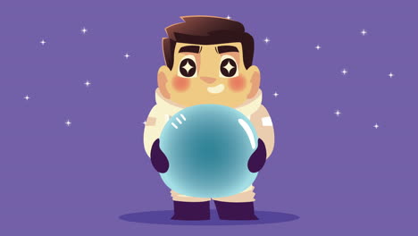 cute astronaut lifting helmet character