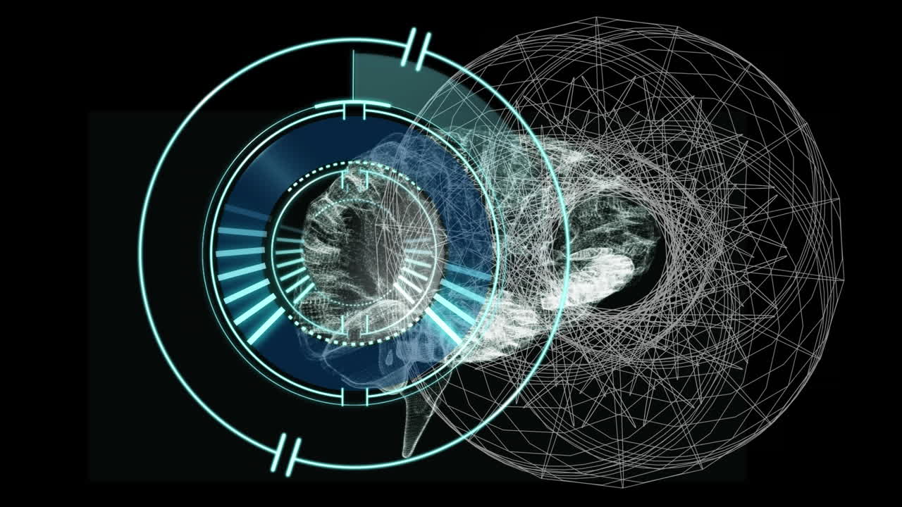 animación del escaneo del alcance sobre el cerebro digital y formas blancas sobre fondo negro