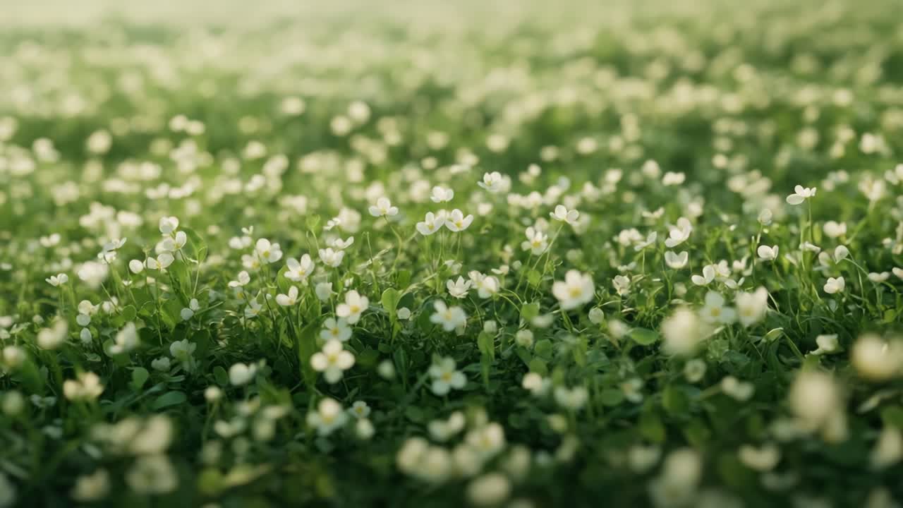 A serene, close-up video of a lush meadow with white flowers, captured at a low angle