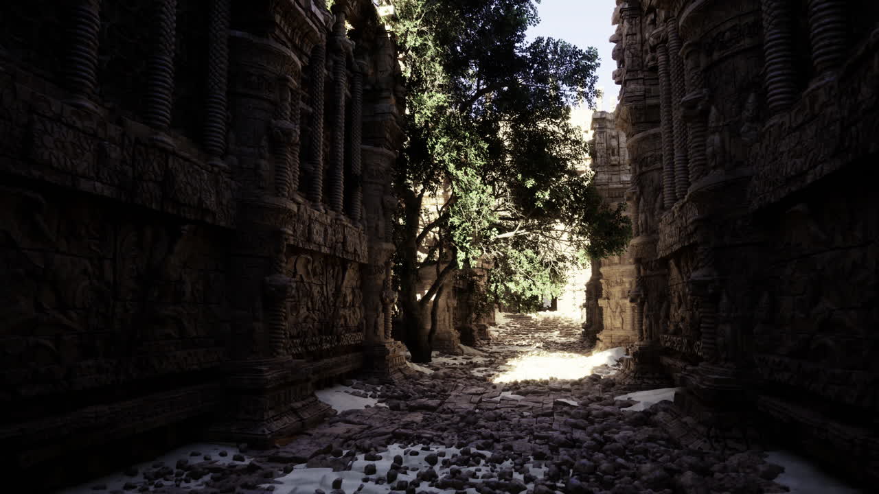Antiche rovine con alberi ricoperti di vegetazione in un sentiero illuminato dal sole durante il giorno