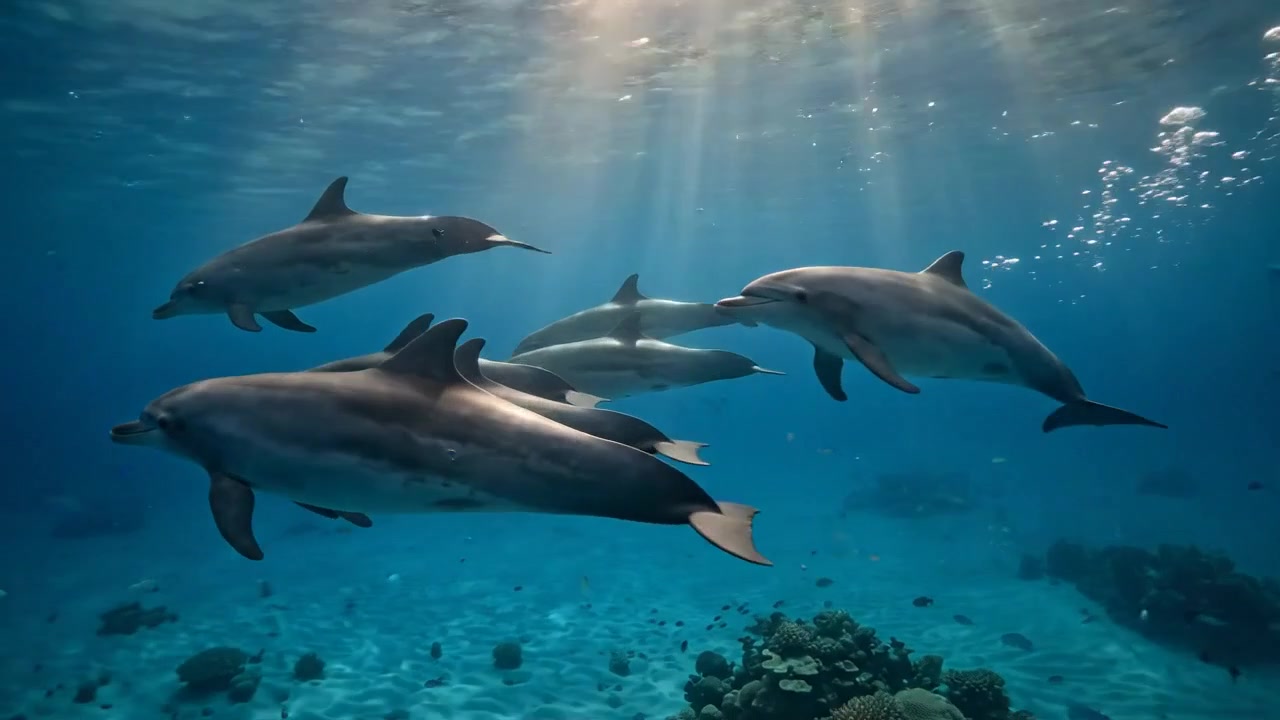 Stado delfinów pływające pod wodą w czystym, błękitnym oceanie