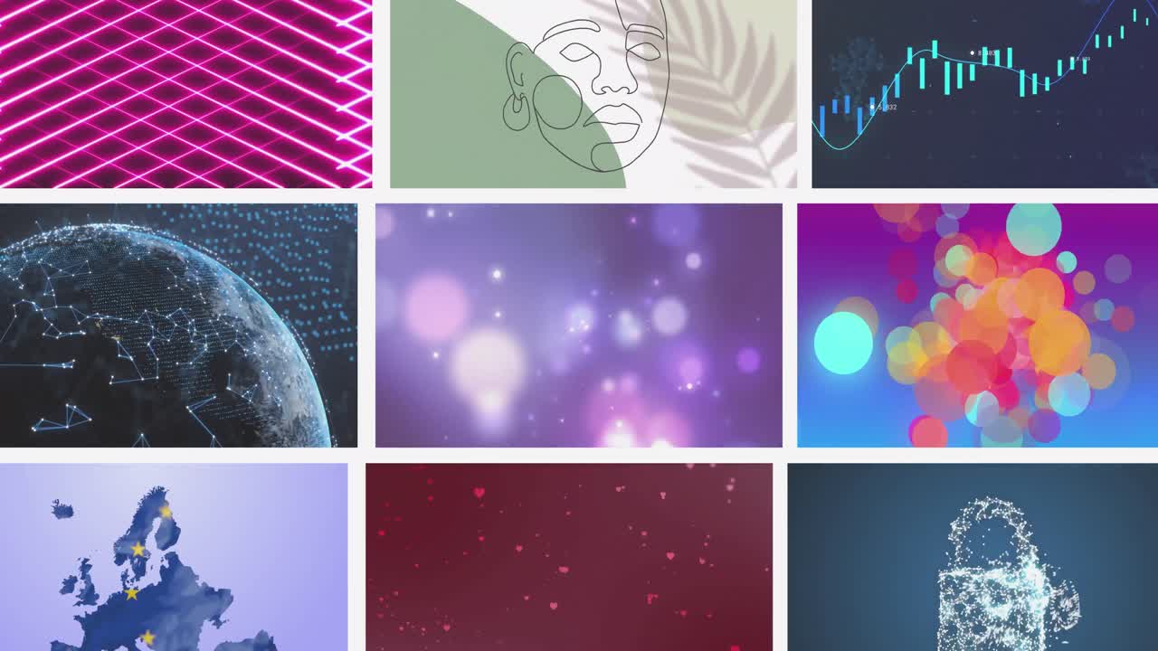 animación compuesta de múltiples pantallas de negocios, ocio y tecnología de desplazamiento