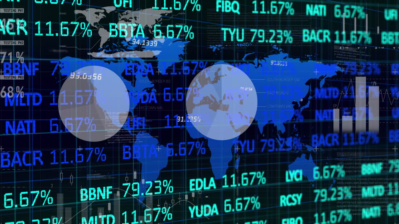 검은 바탕 위의 세계 지도 위에서 통계 및 증권 시장 데이터 처리의 애니메이션