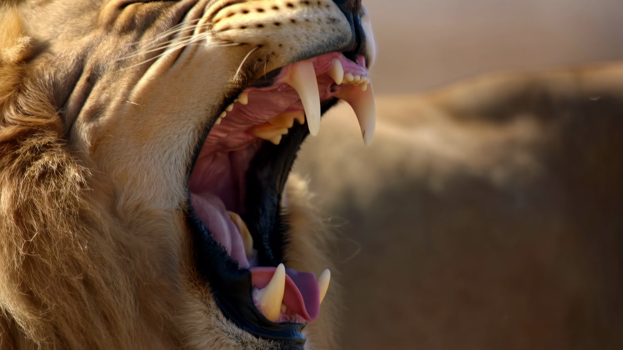 Wide Close Up Lion Yawning And Roaring, Massive Open Jaws With Bared Fangs, Dust And Flies In Warm Backlight,