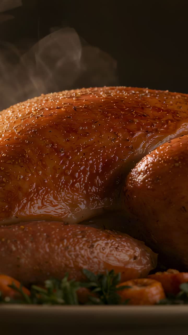 Vertical video: Releasing steam after roast whole roasted poultry resting on tabletop, with herbs