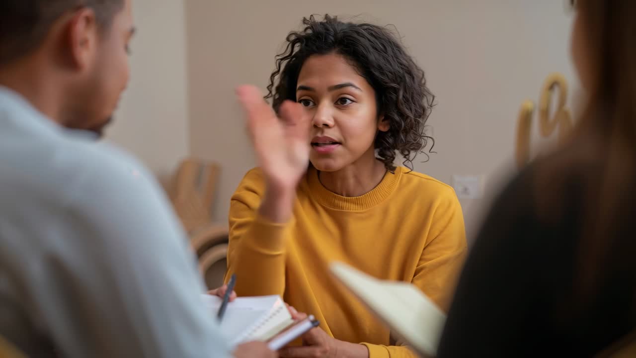 Responding to query, woman in mustard sweater explaining and gesturing in home office, notebook pen