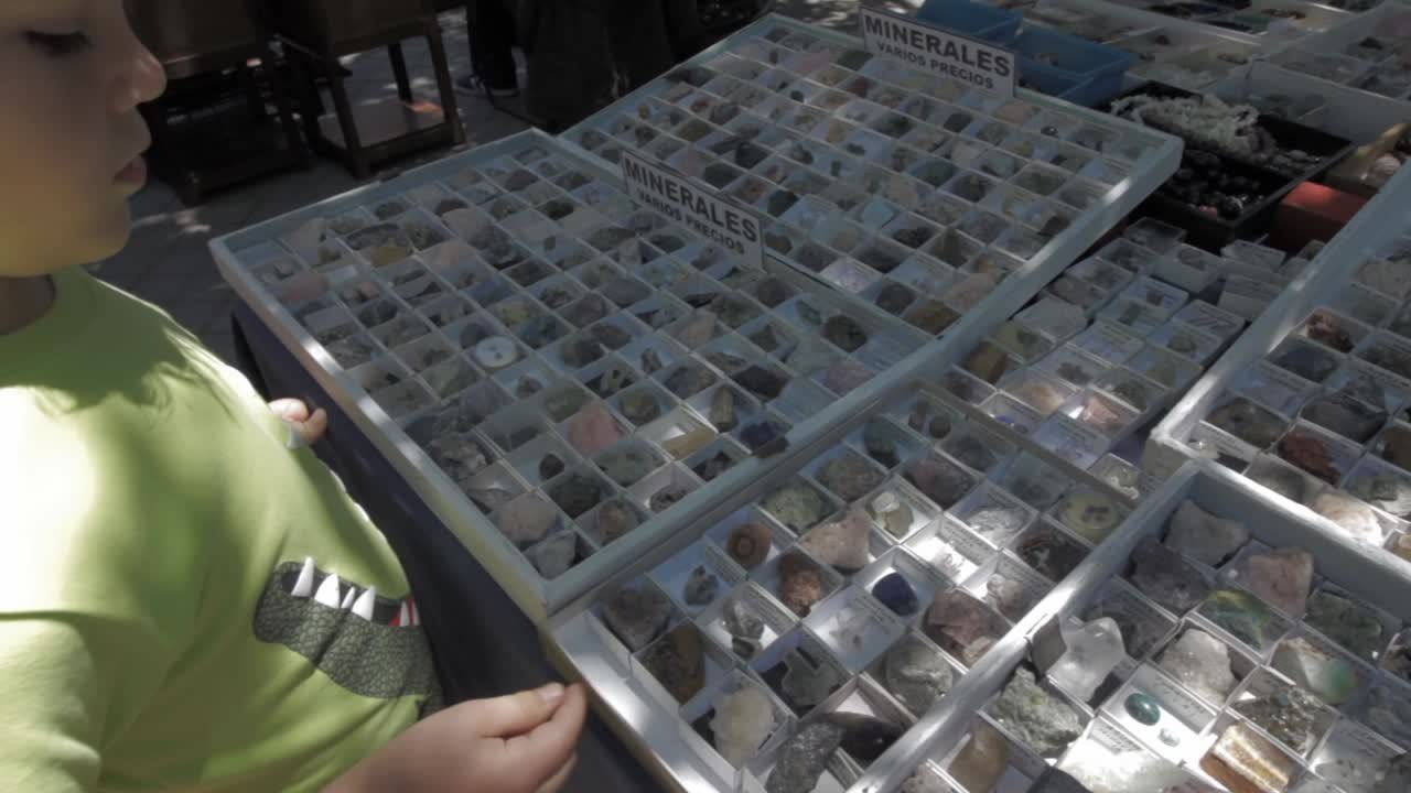 un niño escogiendo minerales para comprar en un puesto de mercado en madrid.