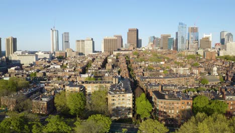 drone flies above boston's back bay neighborhood on beautiful day