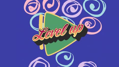 Animation-of-level-up-text-over-colorful-graphics-and-shapes