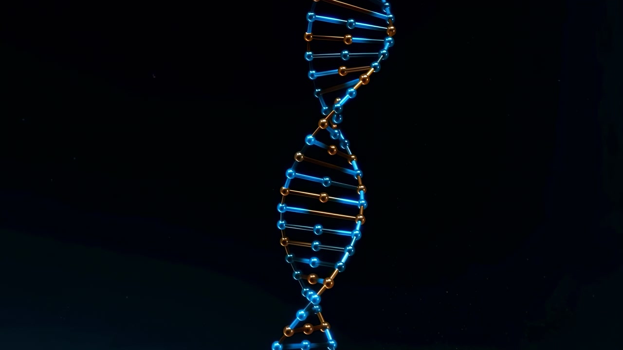 Una doppia elica di DNA luminosa blu e ambra si erge contro uno sfondo astratto scuro, con collegamenti molecolari riflettenti e un'illuminazione soffusa sui bordi che crea