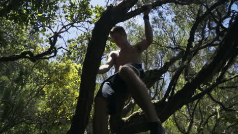 dolly shot passing under shirtless young man in tree overhead, slow motion