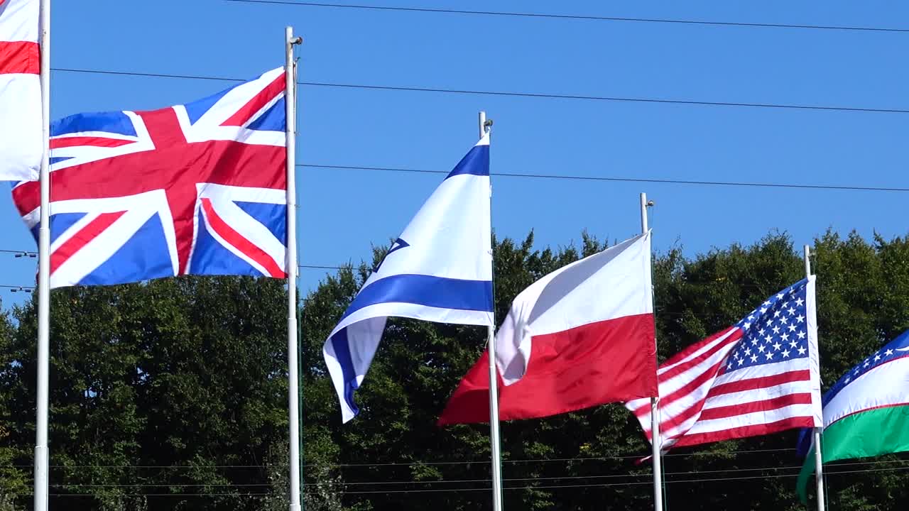 Flags of Belarus, Georgia, Great Britain, Israel, Poland, USA, Uzbekistan and Ukraine on flagpoles