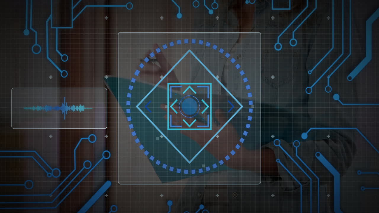 female teen holding turquoise tablet, showcasing holographic interface elements in high-tech lab