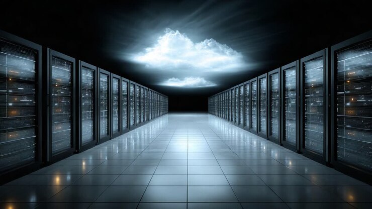 A Stunning Visualization of a Modern Data Center with Rows of Servers and Illuminated Ceiling, Capturing the Essence of Cloud Computing and Technology's Future