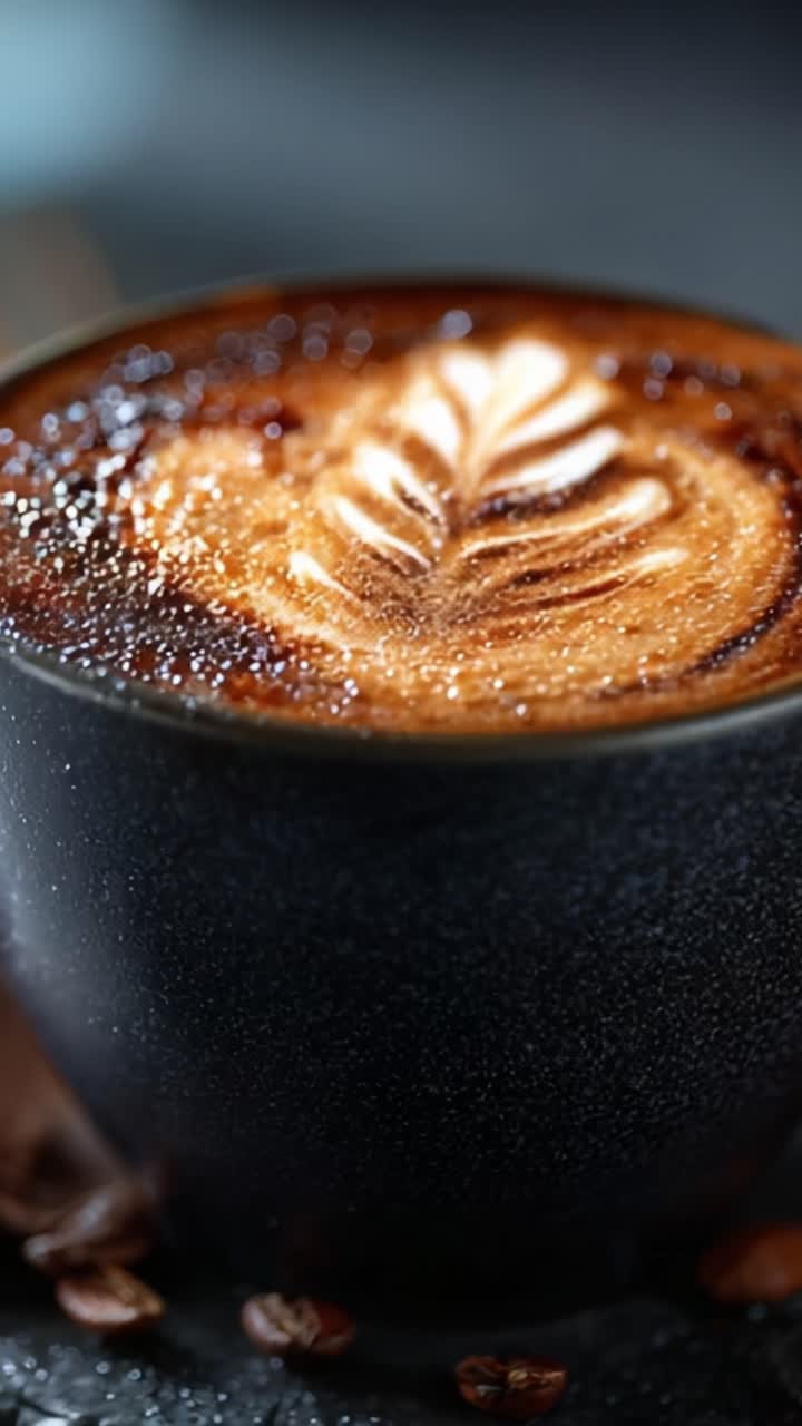 Una tazza di caffè squisitamente realizzata con intricate decorazioni artistiche di un disegno a forma di foglia, perfetta per gli amanti del caffè e gli appassionati di estetica.
