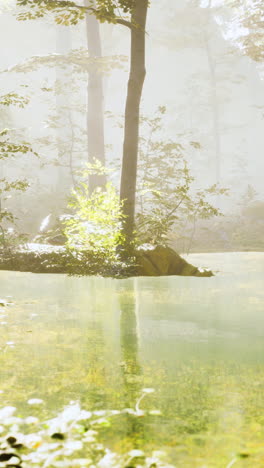 a misty forest lake with sunlight shining through the trees