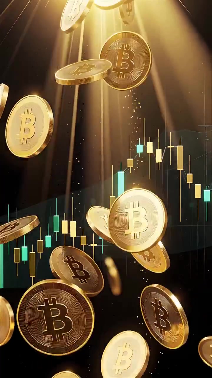 Monete Bitcoin dorate con sfondo sfocato di grafico a candele 4K.