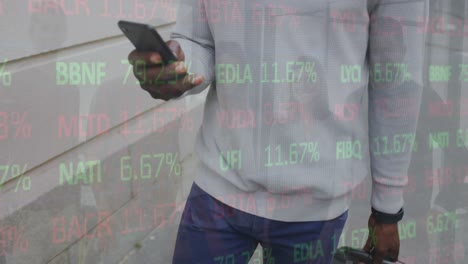 Animation-of-stock-market-data-processing-over-mid-section-of-man-using-smartphone-on-the-street