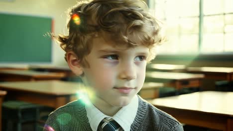 close up of a young schoolboy with blond hair and a grey sweater, showcasing a range of emotions on his face, including happiness, thoughtfulness, and curiosity while sitting at a desk