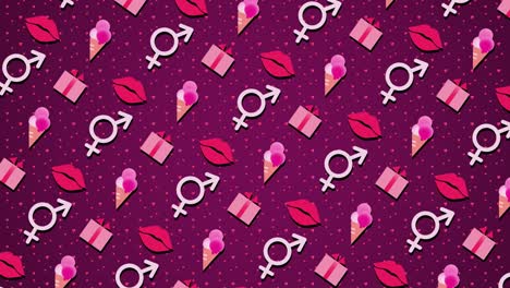 valentine's day seamless looping background with bigender sign and moving gift boxes, hearts, lips, ice cream. non-binary gender. motion graphic 4k uhd video. flat design looped shape animation.