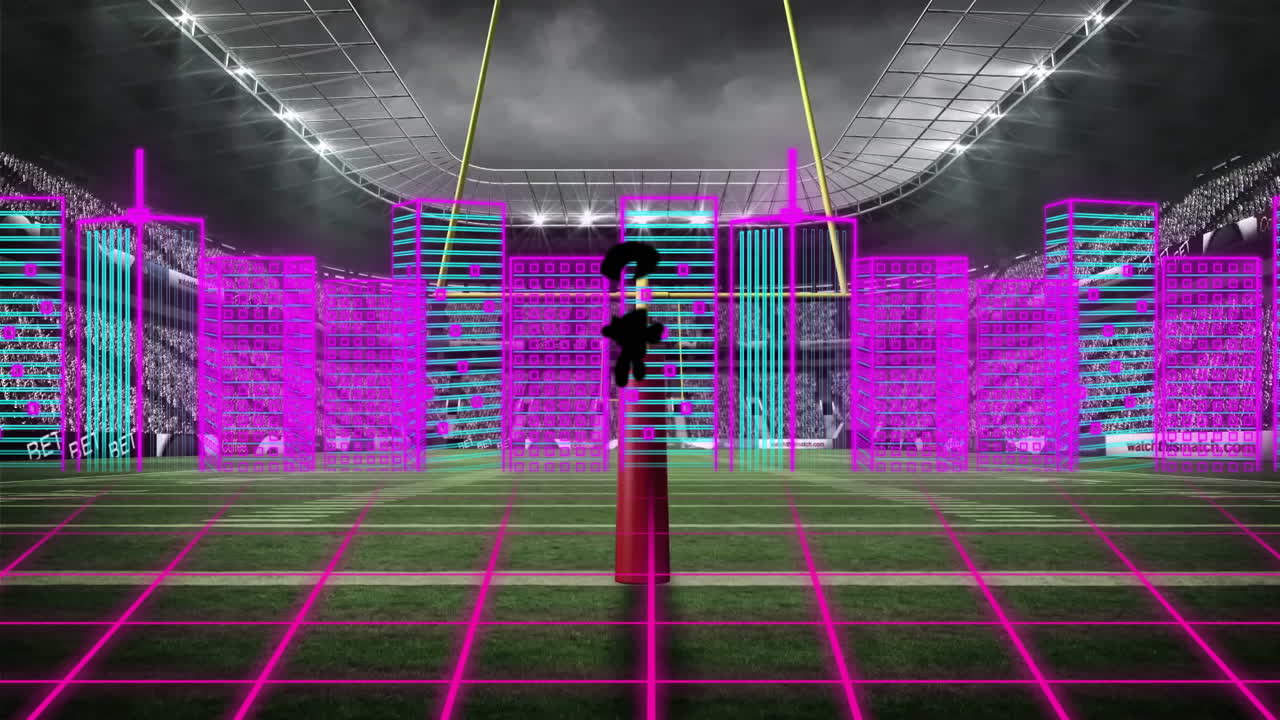 In stadium, animation showing futuristic cityscape with neon grid and skyscrapers