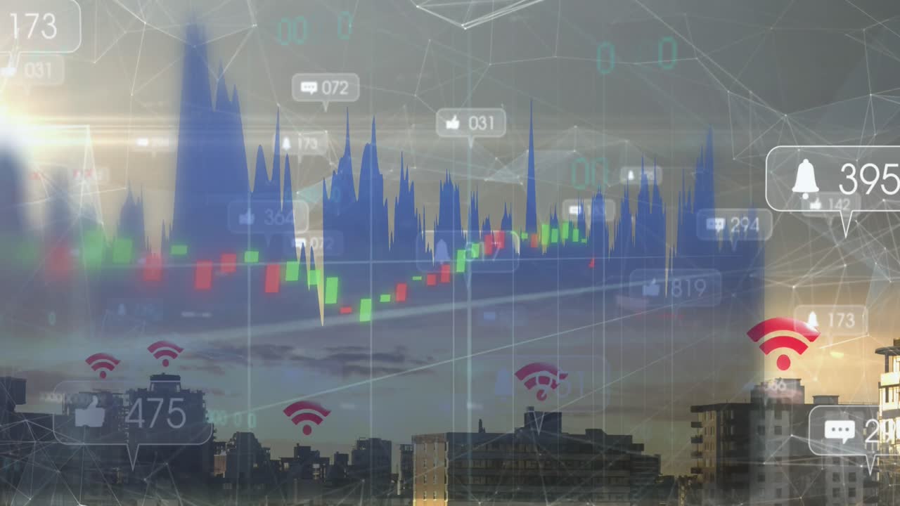 animación de la red de conexiones con iconos sobre iconos con procesamiento de datos y paisaje urbano