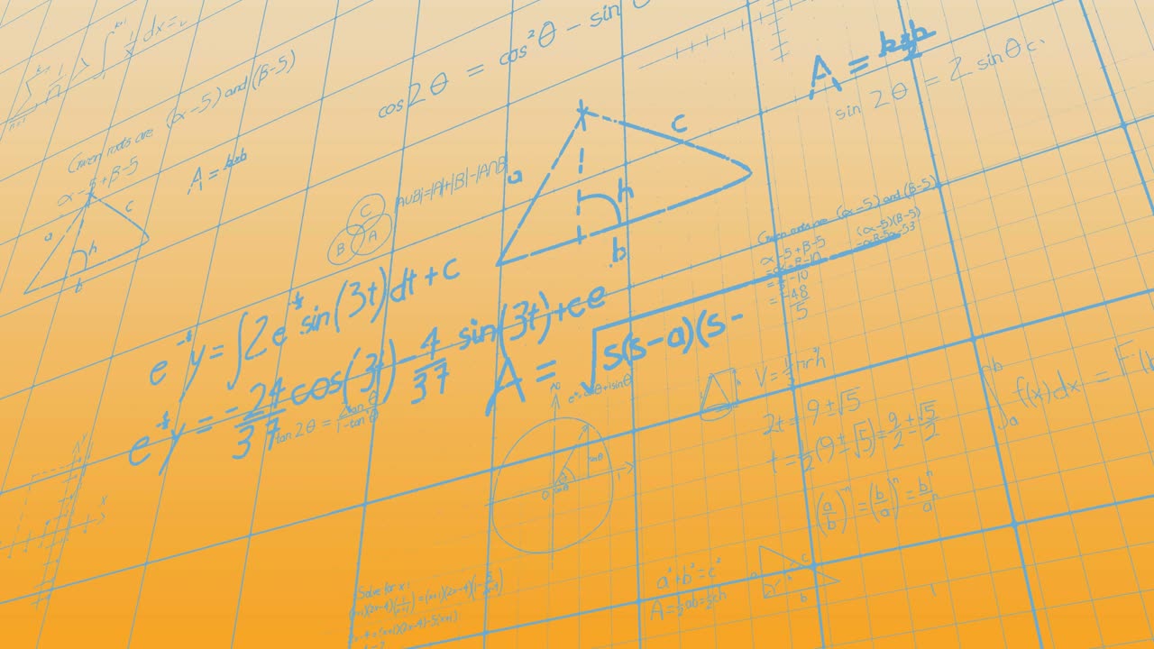Animation of mathematical equations and formulas floating against yellow gradient background