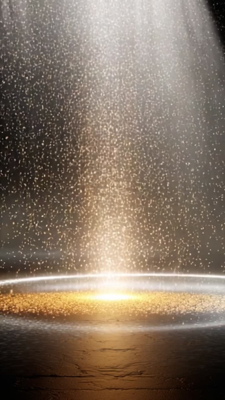 Uno spettacolo ipnotizzante di raggi di luce dorata e particelle scintillanti che cadono in un motivo circolare, creando un'atmosfera incantevole in un ambiente scuro.