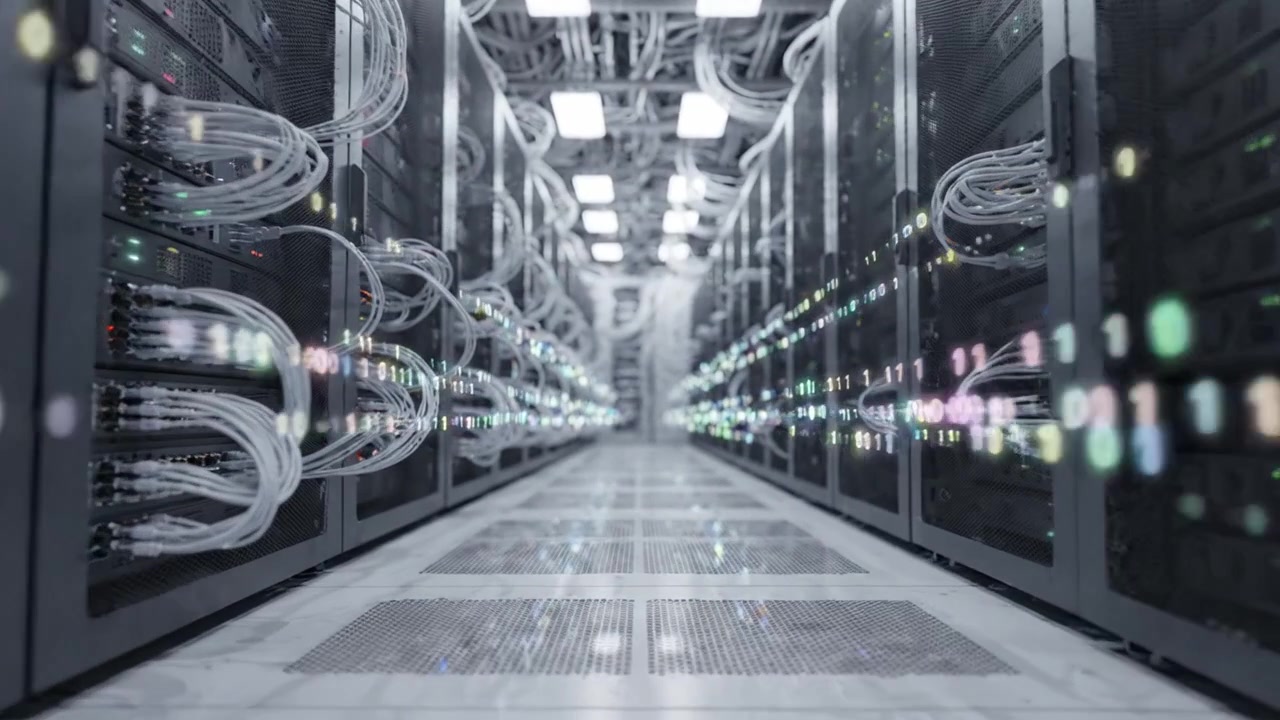 High-tech Data Center Interior Showcasing Rows of Servers Connected by Numerous Cables, Illuminated with Ambient Lighting for Enhanced Visual Effect