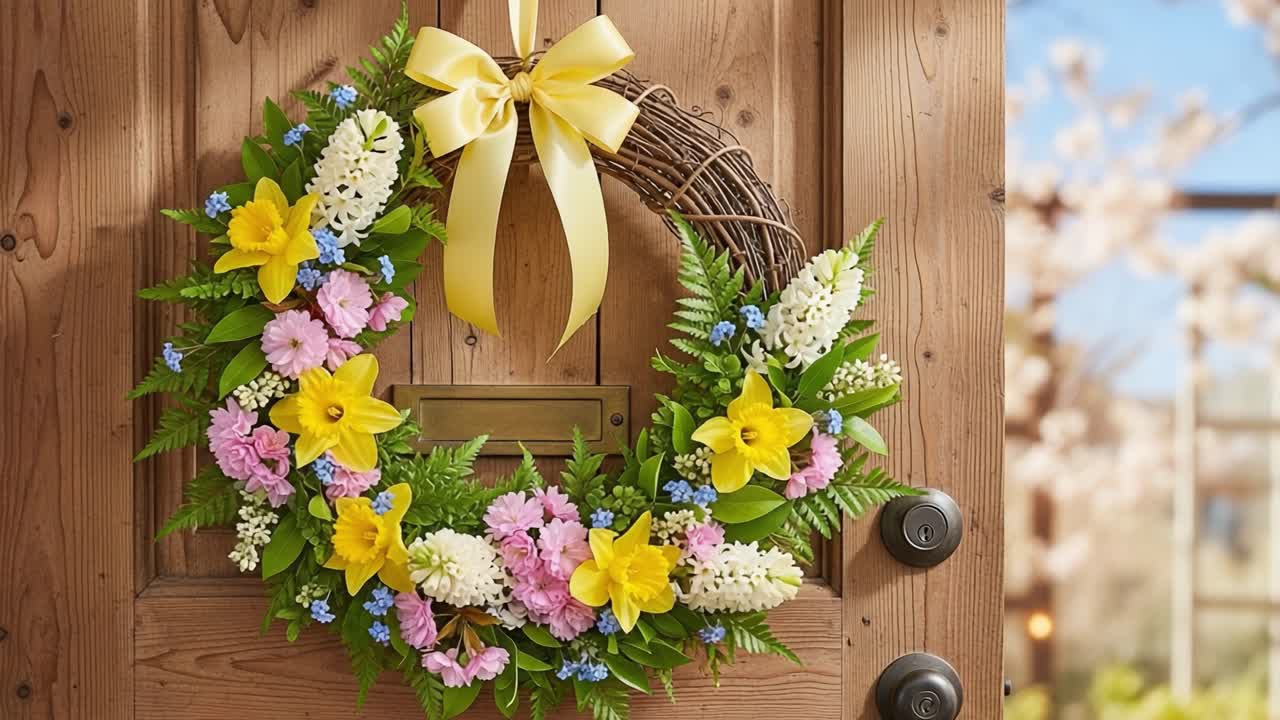 A Beautifully Arranged Floral Wreath Adorning a Wooden Door with Vibrant Yellow Flowers and Lush Green Foliage, Perfect for Welcoming Spring and Celebrating Nature's Beauty