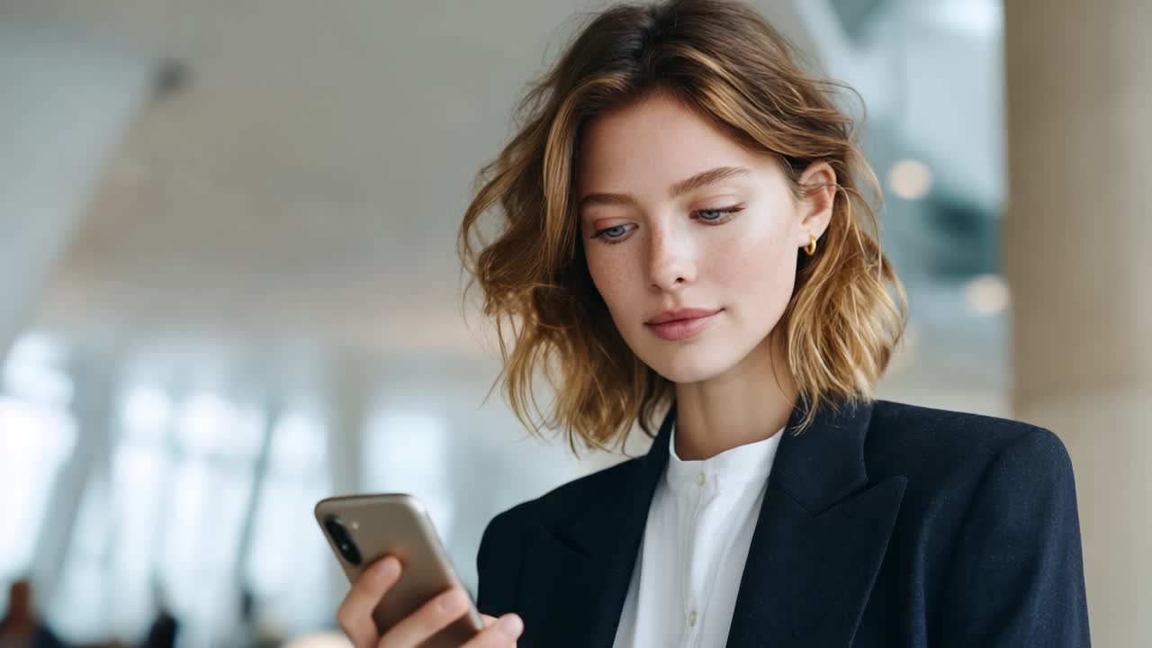 Una professionista impegnata con il suo smartphone in un moderno ambiente d'ufficio, alla ricerca del giusto equilibrio tra innovazione e tradizione