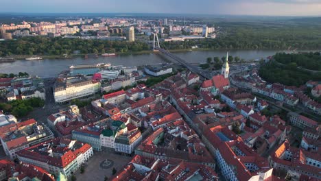 aerial shot overhead of bratislava castle during sunset