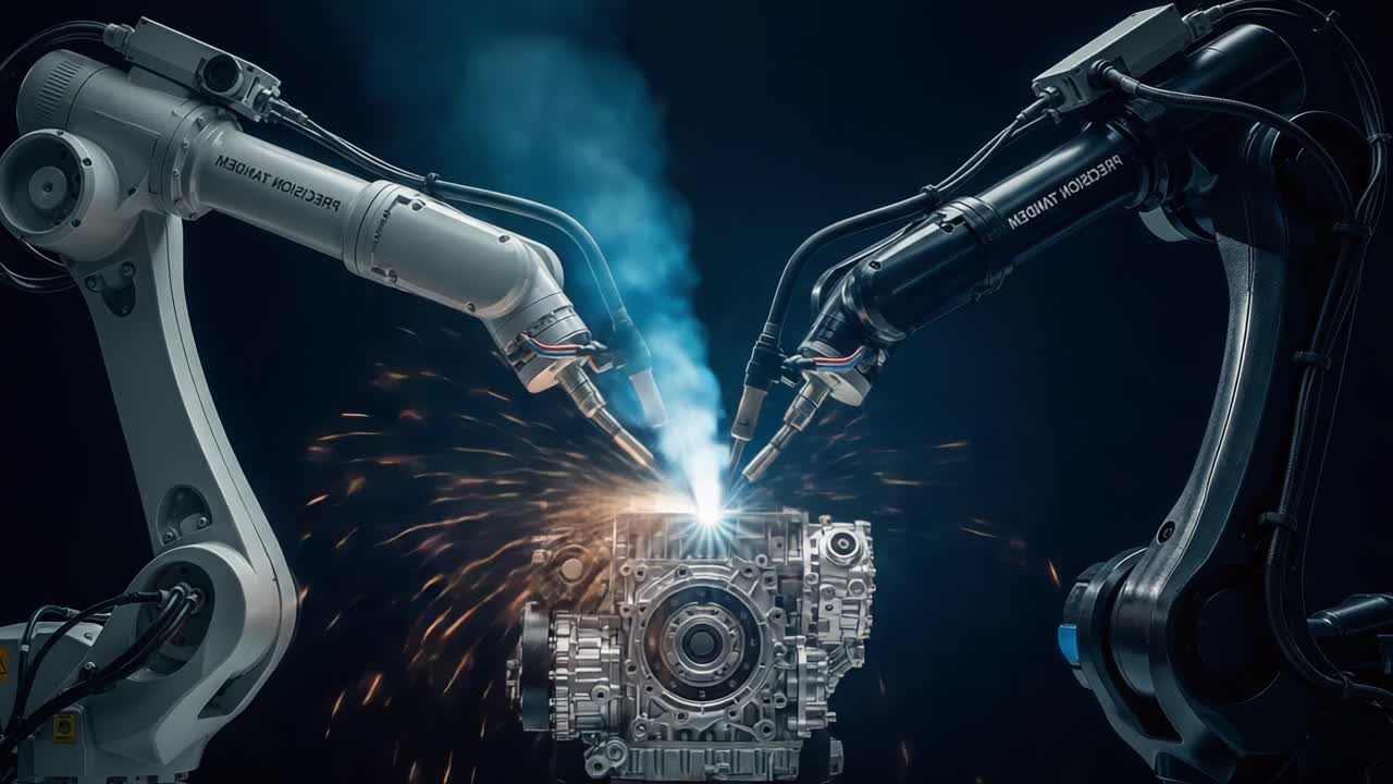 Advanced Robotic Arms Engaging in Precision Welding of Engine Components Amidst Sparks and Smoke in an Industrial Setting