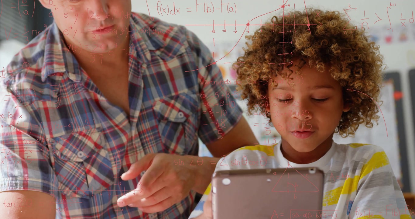 Father pointing at tablet screen and guiding son, overlaying math formulas and graphs for education