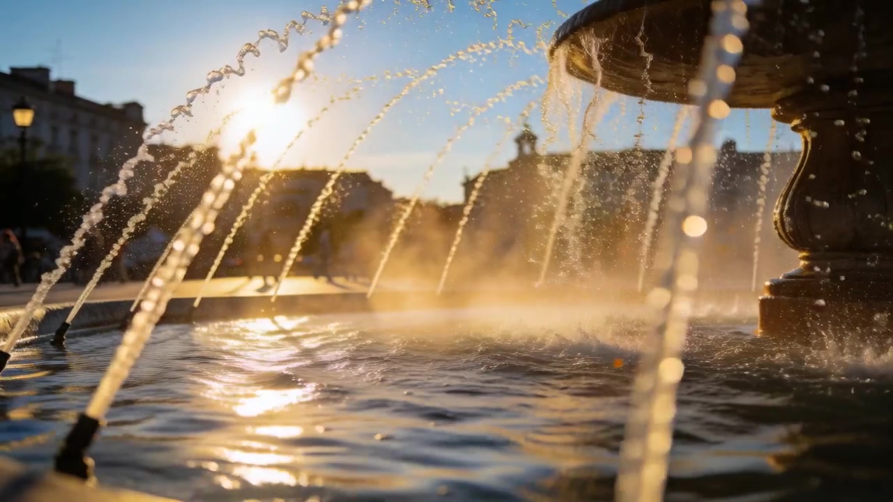 Zampilli della fontana che pulsano, getto superiore che si riversa, decorando la piazza con il sole che retroillumina la nebbia.