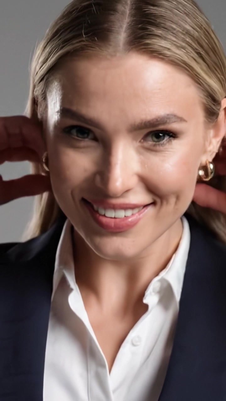 Un ritratto professionale e sicuro di sé che mostra una donna sorridente in abbigliamento da lavoro, con un'espressione luminosa e una personalità coinvolgente in un ambiente da studio