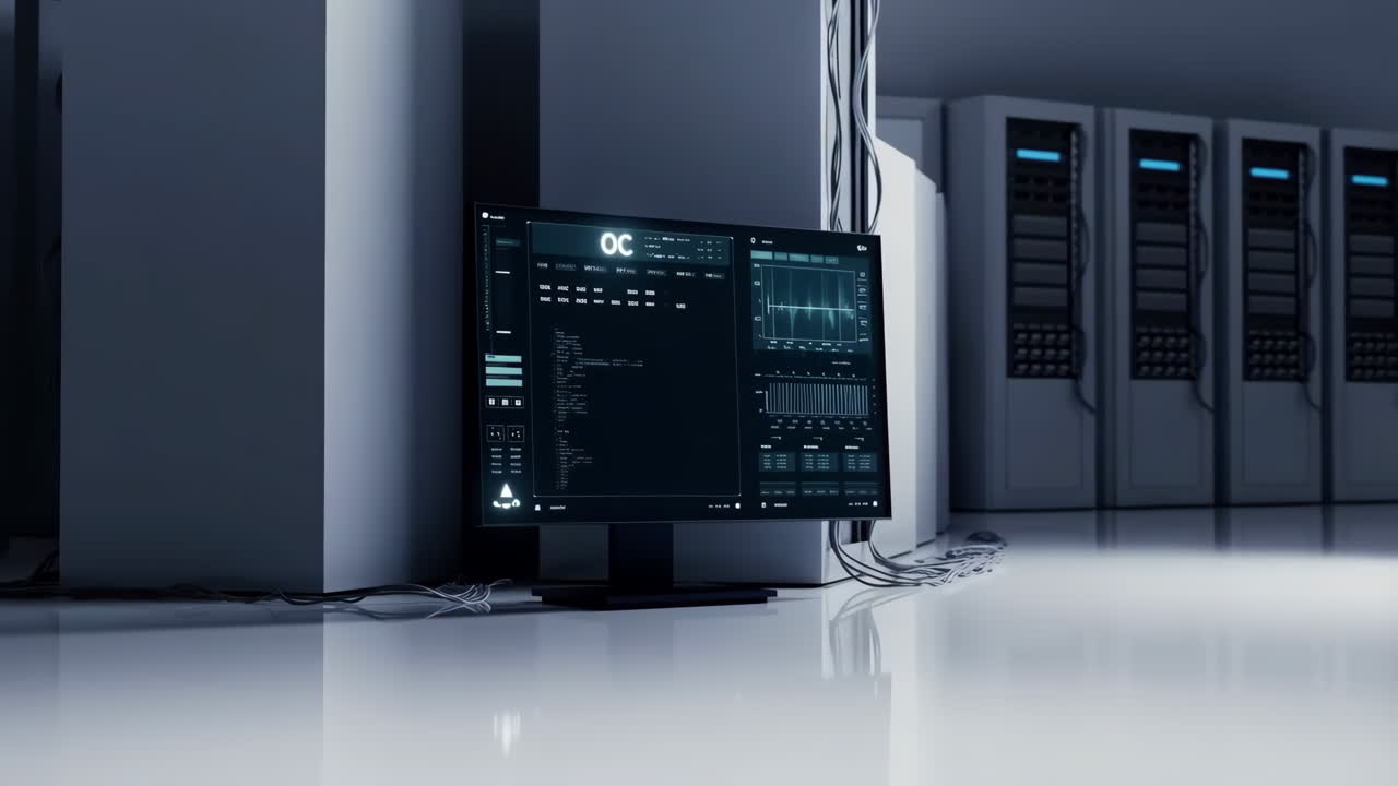 A server room with a computer screen displaying monitoring data
