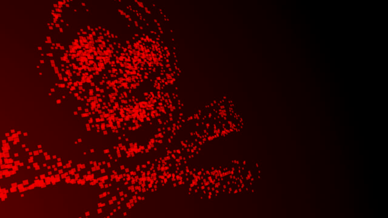 추상 3d 가상 투명성 기하학적 사각형 상자 픽셀 패턴 두개골과 십자, 어두운 배경에 기술 개념 디자인의 위험, 복사 공간과 함께 원활한 루핑 애니메이션 4k