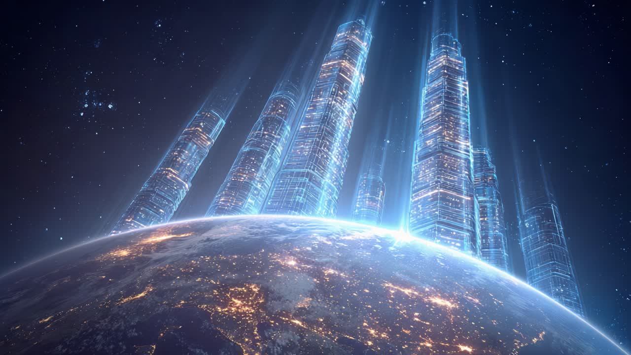 Conceptual vision of a futuristic city with glowing blue holographic skyscrapers expanding from planet Earth into space, representing global growth, advanced technology, and urban development